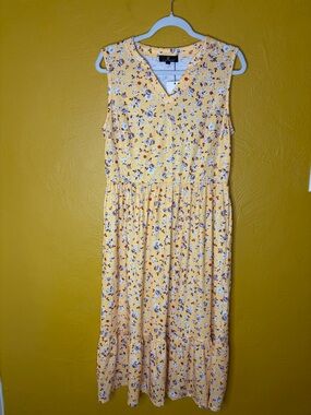 Yathon Women's Yellow Floral V-Neck Tiered Maxi Dress Sz L